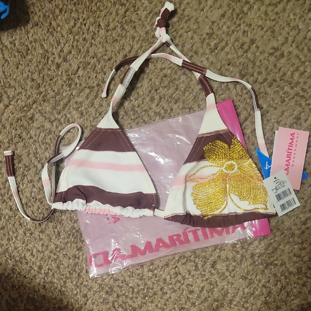 Cia Maritima Brown and White Bikini Top